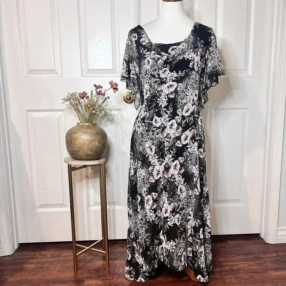 VTG Signature Robbie Bee Womens Floral Asymmetrical Midi Dress 14W Fairy Goth‎
